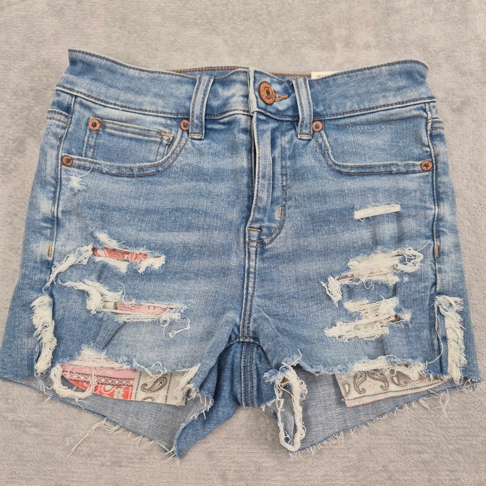NWT American Eagle 2 Hi-Rise‎ Shortie Distressed Paisley Bandana Jean Shorts